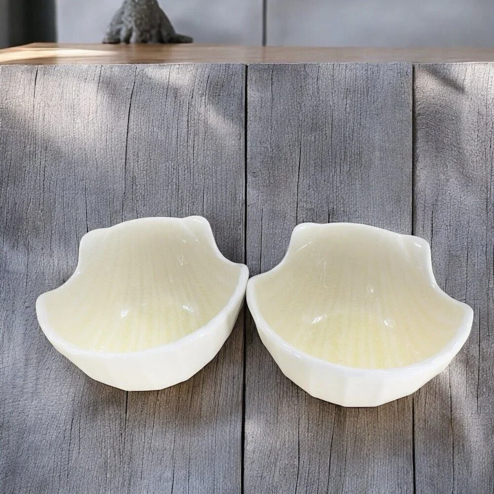 Pier 1 Imports Ivory Crackle Glaze Ceramic Shell Shape Dish Small Bowl Set 2 VTG